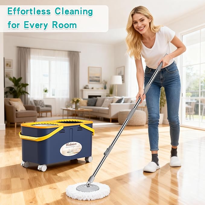 Compact Spin Mop and Bucket with Clean & Dirty Water System, Floor Mop with 360° Swivel Wheels, 61" Handle, 1 Reusable Mop Heads for for Wood, Tile, Vinyl, Baseboards- Blue/Yellow