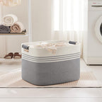 100L Extra Large Laundry Basket with Leather Handles for Living Room Storage, Woven Rope Baskets for Blanket, Kids Toy, Gifts, Wicker Hamper for Bedroom Dirty Clothes, 24"x16"x16" White Grey