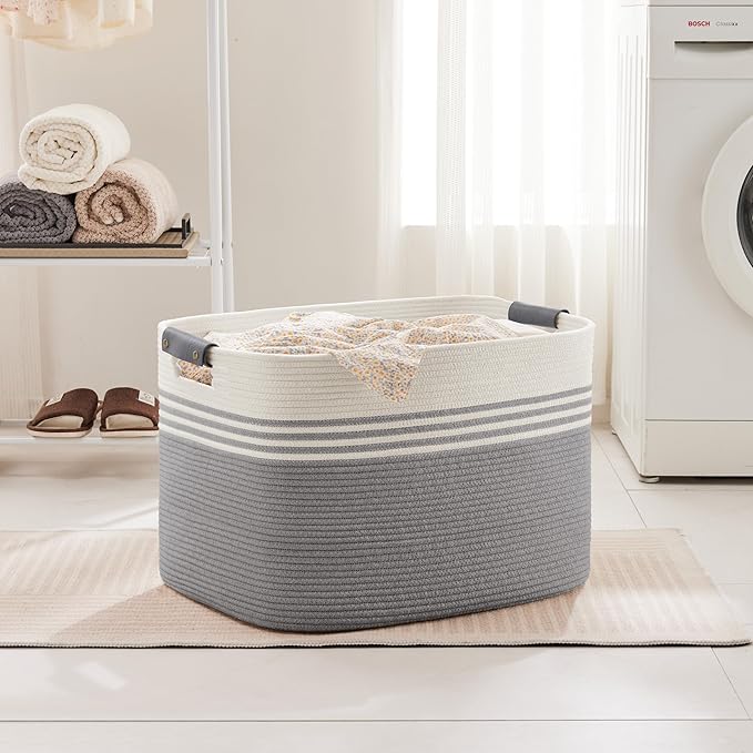 100L Extra Large Laundry Basket with Leather Handles for Living Room Storage, Woven Rope Baskets for Blanket, Kids Toy, Gifts, Wicker Hamper for Bedroom Dirty Clothes, 24"x16"x16" White Grey
