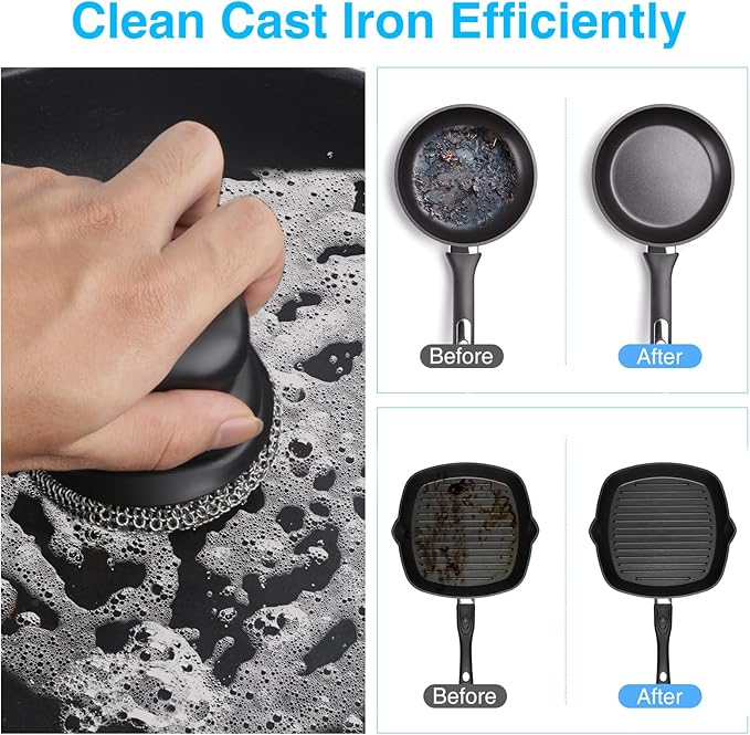 Upgraded Cast Iron Cleaner Brush with Heavy Duty Handle, Chain Mail Cast Iron Skillet Pan Scrubber for Griddle Cleaning Brush with Pan Grill Scrapers