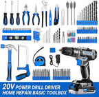 Blue Drill Tool Kit Set: 20V Cordless Power Drill Tool Box with Battery Electric Drill Driver for Men Home Hand Repair Basic Toolbox Tools Sets Drills Case
