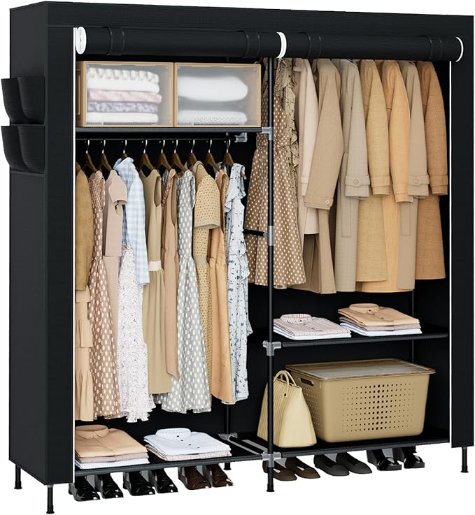 CASAMAYA Portable Closet, 61.8 Inch Large Capacity Wardrobe Closet with Cover, Clothes Storage Organizer with Shelves and 2 Hanging Rods, Easy to Assembly, Black PCT222B01