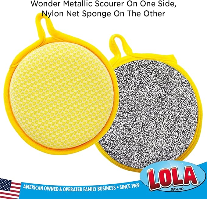 LOLA Round N' Round Wonder Non-Scratch Scouring Pad, 6 Pack, Metallic on One Side, Nylon Net Sponge On Other Side, Hang Hole, Assorted Colors