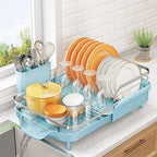 SNTD Dish Drying Rack, Expandable Dish Rack for Kitchen Counter, Stainless Steel Dish Drainer with Drainboard Set and Utensil Holder (Blue)