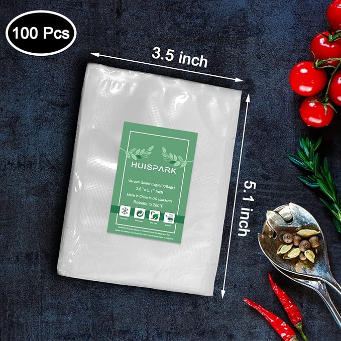 Vacuum Sealer Bags, Food Vacuum Sealer Bag, 100Pcs 3.5" x 5.1" Smell Proof Bags, Heavy Duty, Puncture Prevention, Boilsafe, Freezable, BPA Free, Commercial Grade, Fit Airtight Food Storage Sous Vide