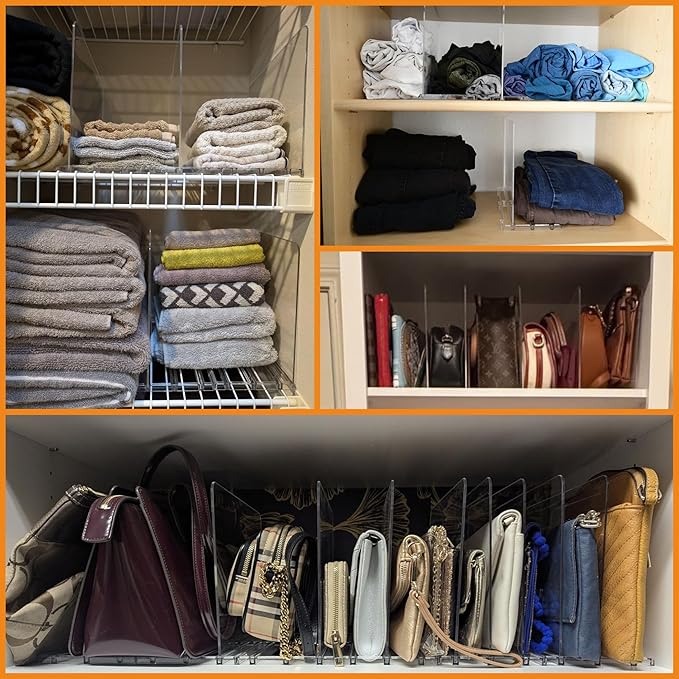 Yieach Clear Acrylic Shelf Dividers for Closet Organization,8 Pack Adjustable Bags,Clutch,Purse Organizer and Storage,Handbag Organizer for Closets,Purse Divider,8.8″ Tall Sweater,Tshirt,Towel Divider