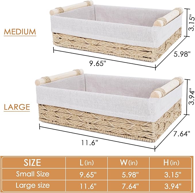 Wicker Storage Basket with Wooden Handle – Paper Rope Decorative Toilet Paper Baskets & Bathroom Organizer for Toilet Tank Top, Shelves, Bedroom, Countertop,Home,Office Storage Bins, 2 Pack,Beige