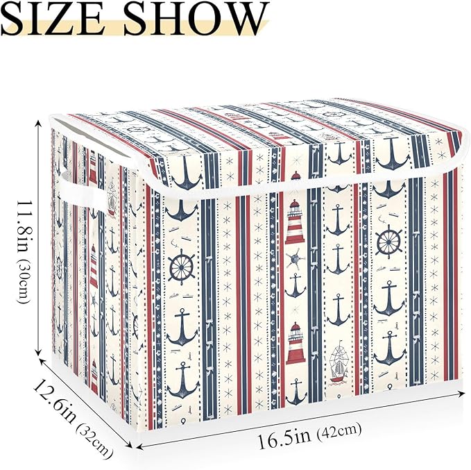 Large Storage Bins with Linen Collapsible Foldable Storage Cubes Fabric Closet Organizer Containers box with Flip-Top Lid for Home Bedroom Office 16.7 x 12.6 x 11.8in (Nautical Theme Anchors Ship)