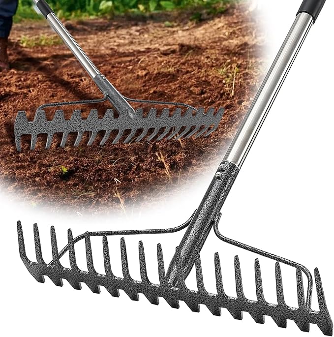 Bow Rake, 79" Heavy Duty Garden Rake with Wide 17 Tines Head & Stainless Steel Handle, Adjustable Rakes for Lawns Yard Loosening Soil Thatching Gathering Leaves Gravel