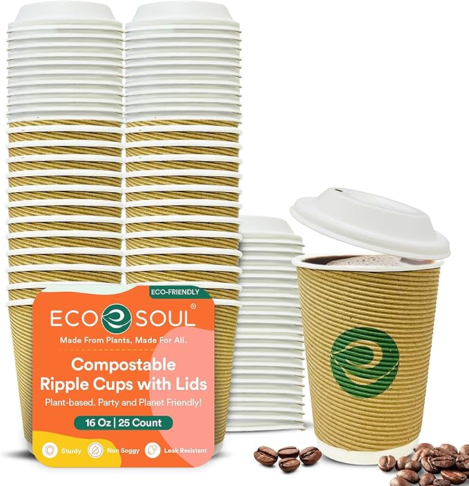 ECO SOUL 16oz Compostable Ripple Cups (25 Pack) – Biodegradable Paper Cups, Non-Toxic Disposable Cups for Hot Drinks, To-Go Coffee Cups, Eco-Friendly & Ripple Paper Cups