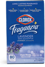 Clorox Fraganzia Fabric Softener Dryer Sheets, Wrinkle Reducing and Anti Static Laundry Dryer Sheets for Great Smelling Clothes, Softens Fabrics, Lavender with Eucalyptus Scent, 80 Count
