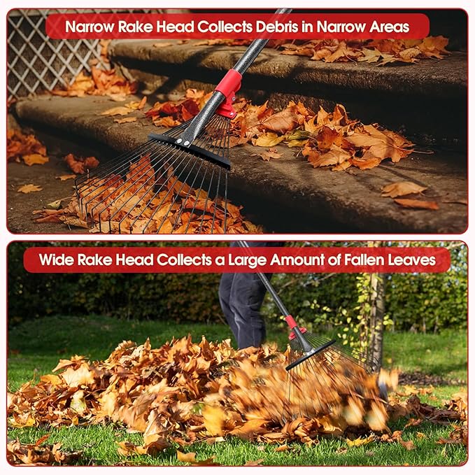 BsBsBest 61 Inch Rake for Leaves with 18 Metal Tines 10-18" Expandable Head Rakes Adjustable Handle for Lawn Leaf Rake Yard Tools for Collecting Leaves, Grass Clippings, Garbage