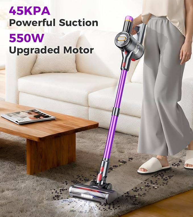 Cordless Vacuum Cleaner, Upgraded 550W 45Kpa 60Mins Vacuum Cleaners for Home, Anti-Tangle Stick Vacuum with Self-Standing, LED Display, 8-in-1 Wireless Vacuum for Carpet Pet Hair Hardfloor