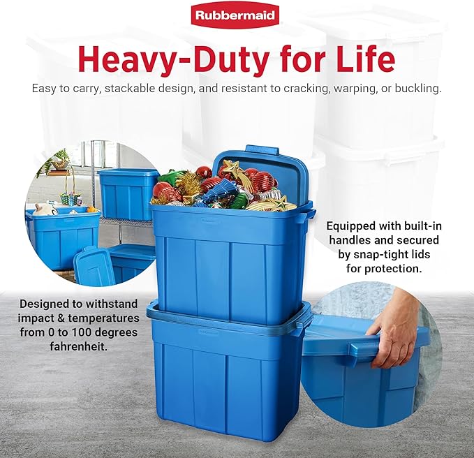 Rubbermaid Roughneck Tote 18 Gal, 6 Pack, Made in USA, Heritage Blue, Rugged Plastic Stackable Storage Bins with Lids and Handles