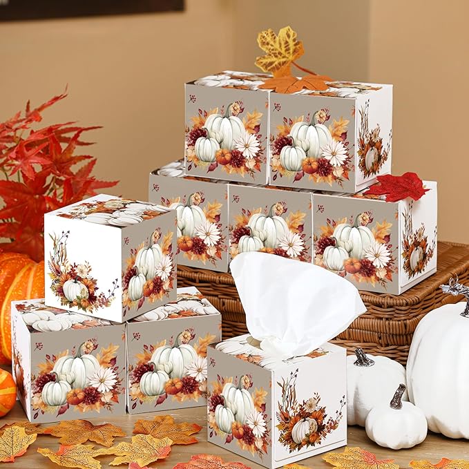 12 Pack Thanksgiving Pumpkin Facial Tissues Cube Face Boxes 600 Sheets 3 Ply Small Fall Square Tissues Bulk for Thanksgiving Day Autumn Harvest Car Bedroom Party Supplies