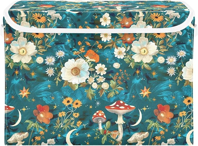 senya Large Storage Bins with Linen Collapsible Foldable Storage Cubes Fabric Closet Organizer Containers box with Flip-Top Lid for Home Bedroom Office 16.7 x 12.6 x 11.8in (Flowers Mushrooms Stars)