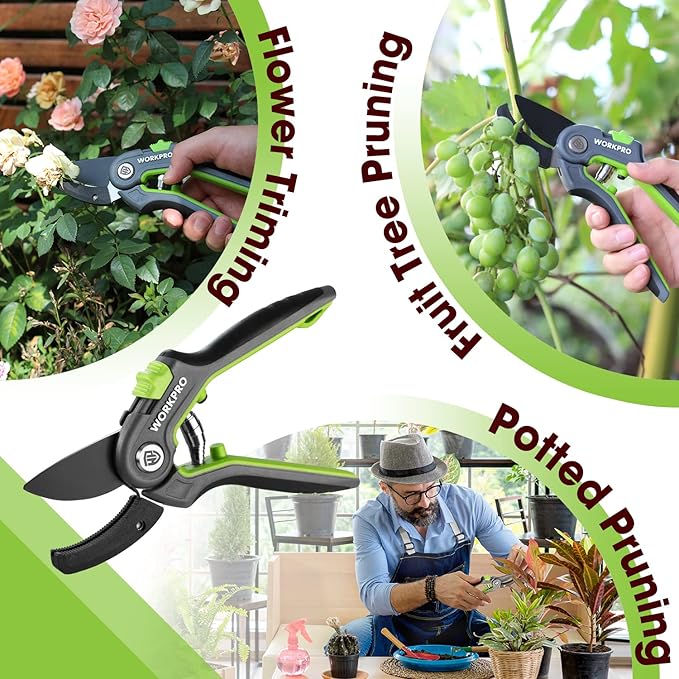 WORKPRO Anvil Pruning Shears, 8’’ Professional Gardening Hand Pruner with SK5 Steel Sharp Blades, Ideal Gardening Tool for Cutting and Trimming, Green