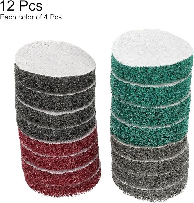 HARFINGTON 4pcs Scrubber Scouring Pads 180 400 800 1200 Grits 2 Inch Drill Power Brush Hoop and Loop Surface Conditioning Disc Drill Scuffing Disc Scrub Pads for Kitchen Cleaning, 4 Colors
