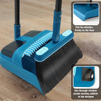 JEHONN Dustpan and Brush Set, 54 inches Long Handle Swivel Broom, Upright Foldable Dust Pan with Comb Teeth for Home Kitchen Lobby Indoor Floor Cleaning(Blue)
