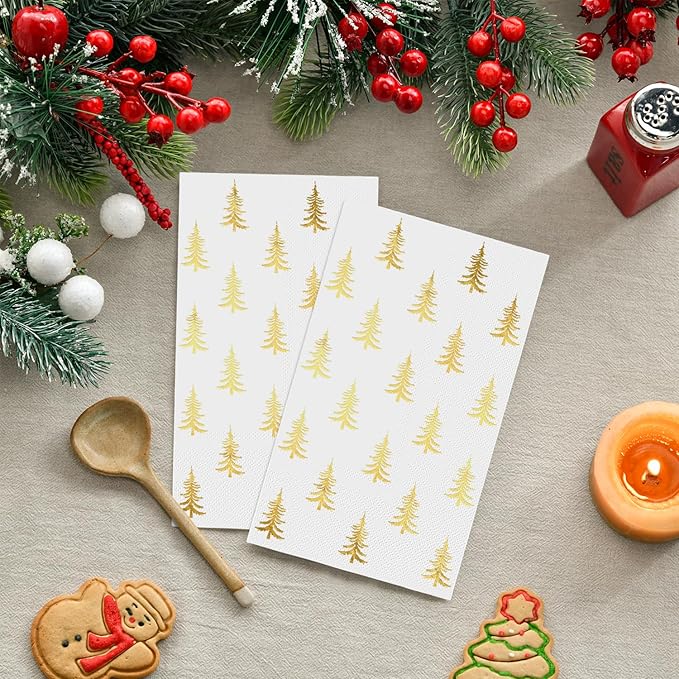 Horaldaily 100 Christmas Disposable Paper Decorative Guest Napkins, Gold Xmas Trees Hand Towel for Party Lunch Dinner Kitchen Bathroom