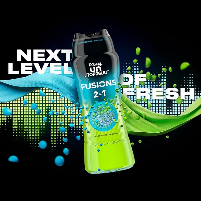 Downy Unstopables Fusions Scent Duos Laundry Scent Booster Beads, Twilight and Jasmine Scent, 21.1 OZ, 24hr non-stop freshness with 2 in 1 dual scent laundry scent beads