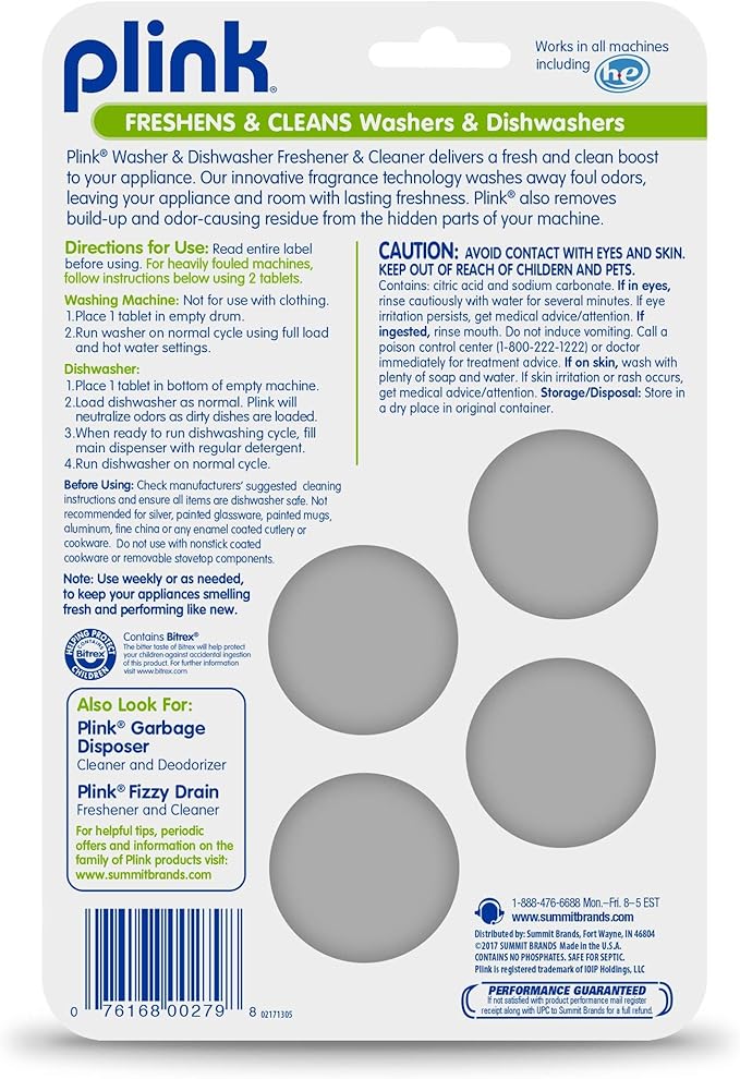 Plink-9024 Summit Brands Washer and Dishwasher Freshener Cleaner, 4 Tabs, Yellow, 1 Count (Pack of 4)