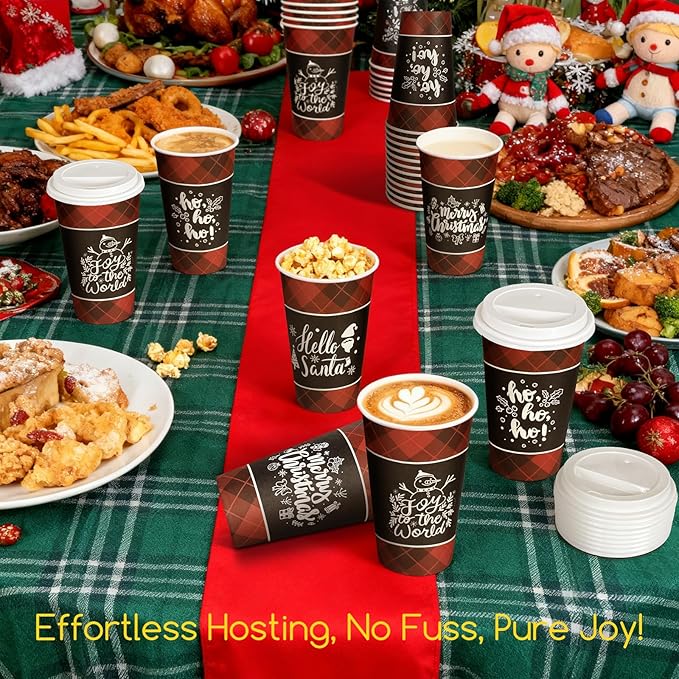 Disposable Coffee Cups with Lids for 100 Guests 16 oz, Christmas Buffalo Plaid Hot Cups for Coffee/Tea/Water/Juice, Xmas Premium Party Tableware Sets for Holiday, Winter, School, Family
