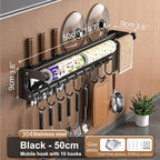 Hanging Wall Mount Knife Wall Mount,Kitchen Utensil Hanger,Space-Saving Kitchen Utensil Rack with Hooks,Kitchen Storage Shelf for Utensils Spatula Spoon, Easy to Clean (Black, 50CM+10Hook)