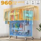 Heavy Duty Clothes Rack Load 960LBS, Three Rods Rolling Clothing Racks for Hanging Clothes, Rolling Garment Rack With Sturdy Wheels Shelves Hooks, Portable & Adjustable Commercial Garment Rack, Silver