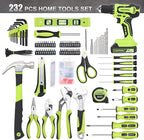 FASTPRO 232-Piece 20V Cordless Lithium-Ion Drill Driver & Home Tool Set, Household Repairing Tools Kit with Drill, 12-Inch Wide Mouth Storage Bag, Green