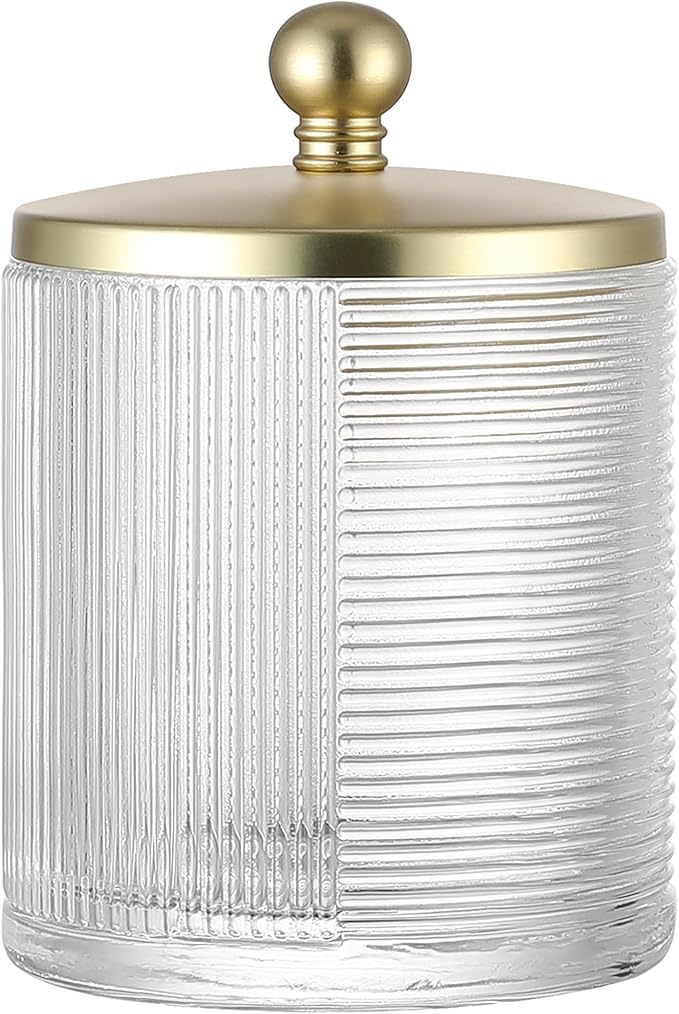 Clear Transparent Apothecary Ribbed Geometric Etched Glass Jar W/Gold Lid Cover for Bathroom Organization, Cotton Balls, Q Tips, and Small Accessories, Bathroom Storage