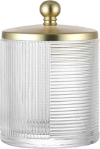 Clear Transparent Apothecary Ribbed Geometric Etched Glass Jar W/Gold Lid Cover for Bathroom Organization, Cotton Balls, Q Tips, and Small Accessories, Bathroom Storage