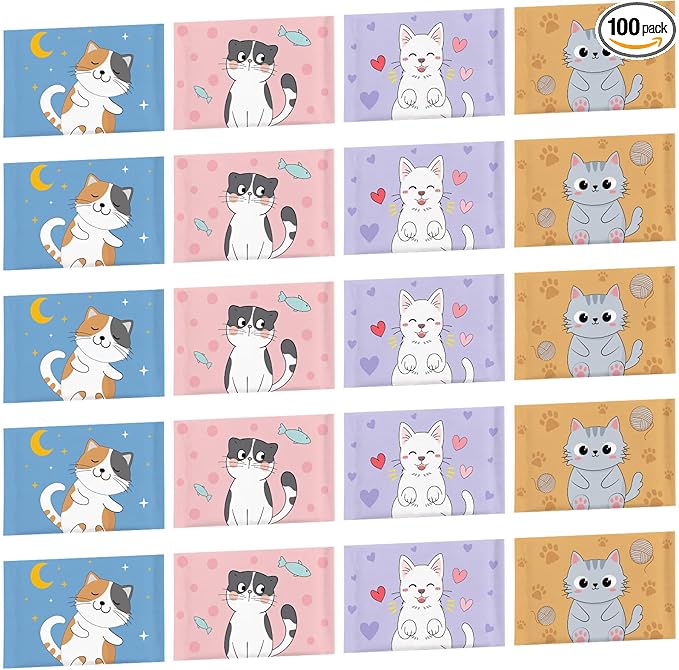 PerKoop 100 Pack Pocket Tissues Travel Slim Packs Small Facial Tissues Wallet Size Toilet Paper for Travel Guest Wedding Supplies, 4 Styles(Cat)