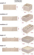 TENABORT 12 Pack Foldable Drawer Organizer Dividers Cloth Storage Box Closet Dresser Organizer Cube Fabric Containers Basket Bins for Underwear Bras Socks Panties Lingeries Nursery Baby Clothes Beige