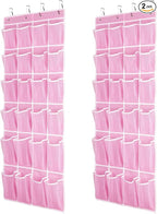 SAVERHO 2 Pack Hanging Shoe Organizer，Over Door Shoe Organizer with 24 Mesh Large Pockets Shoe Storage Bag for Sport Shoes Size:58x21 Inch Hanging Door Shoe Rack Organizer (Pink-2pack)