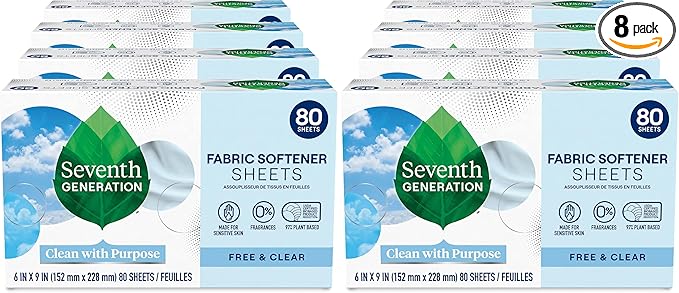 Seventh Generation Dryer Sheets Fabric Softener Free & Clear Fragrance Free 80 Sheets,(Pack of 8)