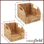 Casafield Set of 2 Water Hyacinth Pantry Baskets with Handles - Natural, Woven Storage Bin Organizers for Kitchen Shelves, Medium and Large Sizes