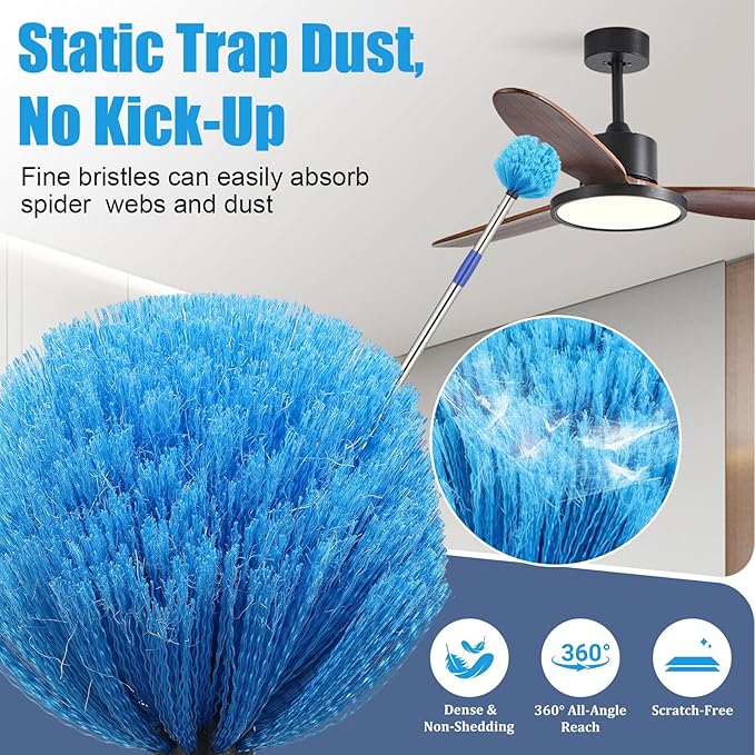 Duster, Cobweb Duster with Extension Pole, Medium Stiff Bristles Cobweb Duster Head & 6-Feet Stainless Steel Pole Ceiling Fan Duster for Outdoor Indoor Cleaning