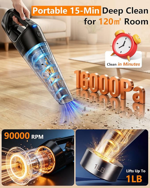 15-Minute Fast Cleaning 120㎡ Rooms Handheld Vacuum Cordless - 16000Pa Strong Suction Brushless Motor Portable Vacuum - 1000mL Dust Cup One-Touch Emptying No Mess - Ease Use for Debris Hair Cat Litter