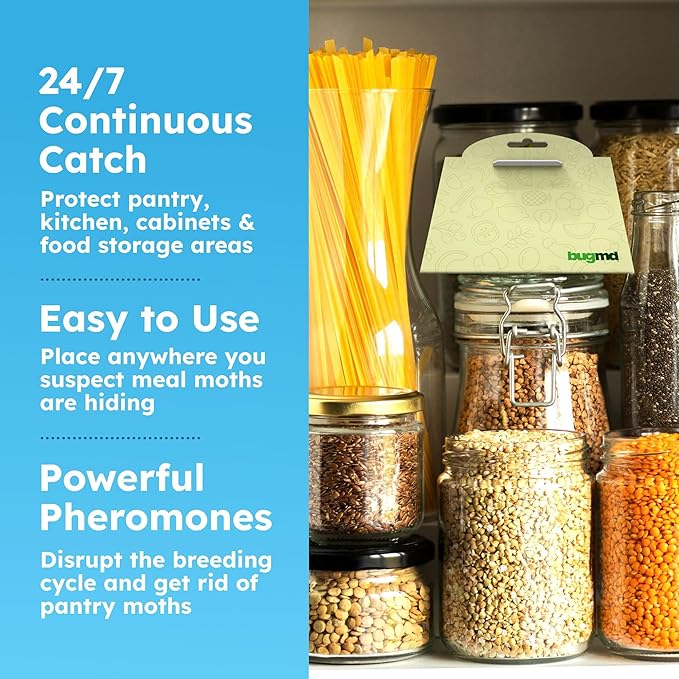 BugMD Pantry Moth Traps (18-Pack) – Pheromone-Based Sticky Glue Traps, Non-Toxic, Kills Indian Meal Moths – Kitchen & Food-Storage Safe - Original