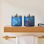 KMwares 2-Pack Glass Bathroom Jars - Blue Stripes Glass with Lids Cotton Ball, Q-Tip, Swab, and Floss Holder - Modern Organizer for Bathroom, Vanity Decorative Countertop Storage (Cobalt Blue)