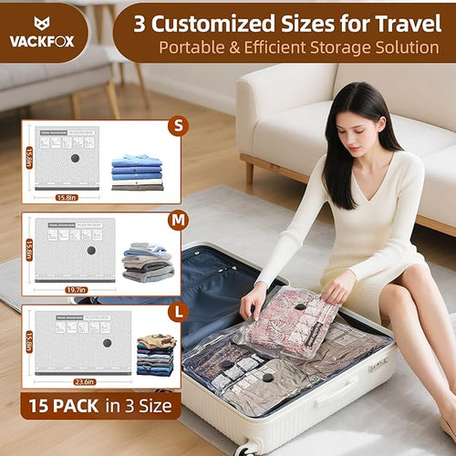 15 Pack Vacuum Seal Bags with Wireless Rechargeable Electric Pump,Vacuum Storage Bags with LED Light(5L+5M+5S),Travel Vacuum Bags for Luggage,Space Saver for Clothes & Clothing Travel