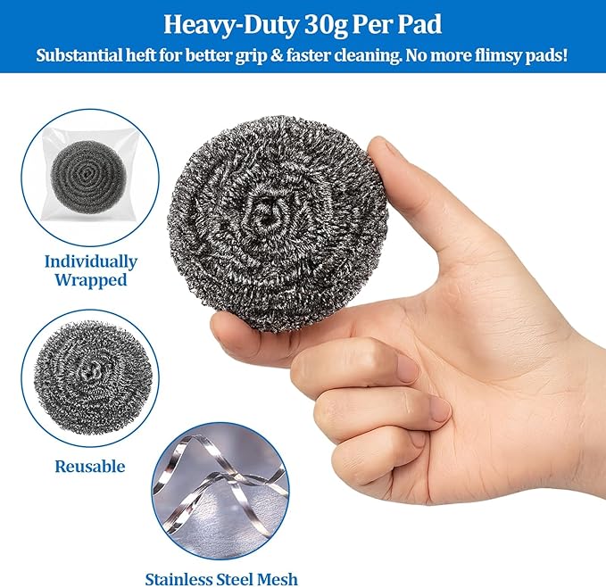 Steel Wool Scrubber Heavy-Duty Stainless Steel Scrubber Pads for Pots, Pans, Grills, and Stovetops 1.06oz, Ideal for Home and Commercial Use (12-Pack)