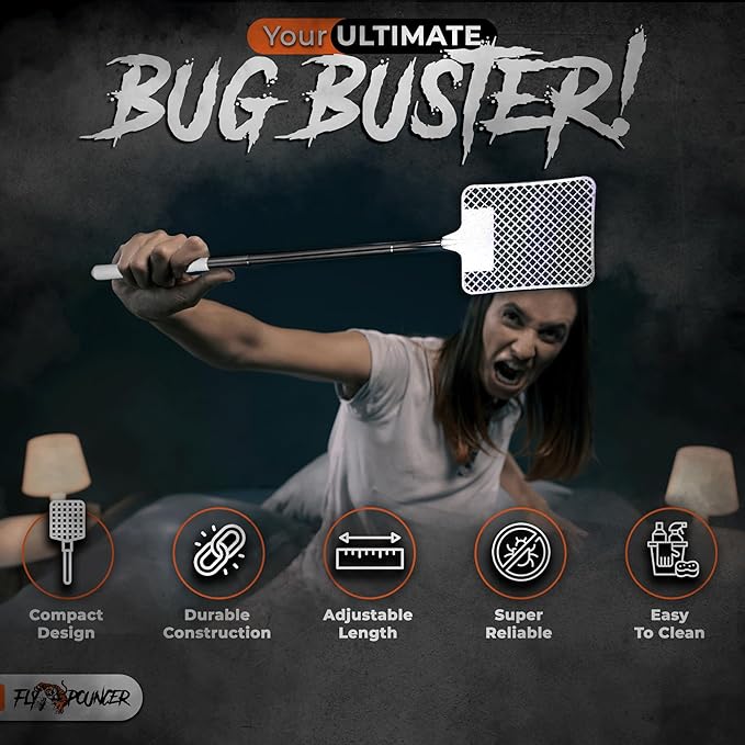 5-Pack Heavy Duty Fly Swatters – Indoor Manual Bug Swatter Set with Long Reach Handle – Stealthy, Durable and Compact Design for Home Use (White)