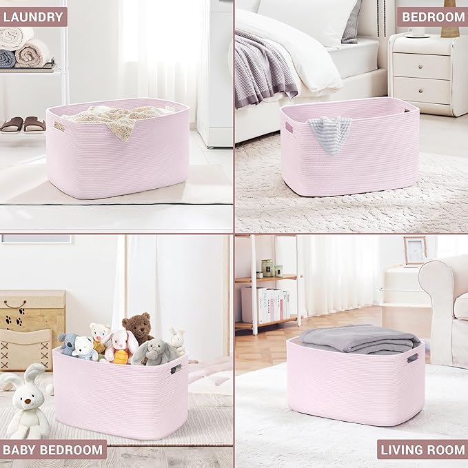 72L Large Baby Girls Laundry Basket for Nursery Storage,Cute Woven cotton Rope Baskets for Kids Toy，Gifts, Boho Square Wicker Blanket hamper for Living Room,Bedroom Dirty Clothes,Pink