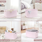 60L Small Baby Girls Laundry Basket for Nursery Storage,Cute Woven cotton Rope Baskets for Kids Toy，Gifts, Boho Square Wicker Blanket hamper for Living Room,Bedroom Dirty Clothes,Pink