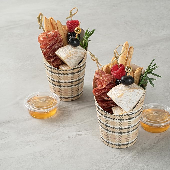 Restaurantware Bio Tek 12 Ounce French Fry Containers 100 Disposable Charcuterie Cups - Incline Design Round Plaid Paper French Fry Cups Stackable For Waffles Chips or Popcorn