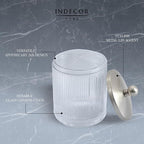 Clear Transparent Apothecary Ribbed Geometric Etched Glass Jar W/Satin Nickel Metal Lid for Bathroom Organization, Cotton Balls, Q Tips, and Small Accessories, Bathroom Storage