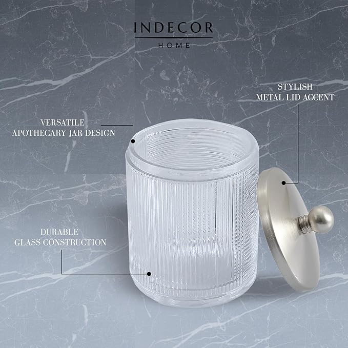 Clear Transparent Apothecary Ribbed Geometric Etched Glass Jar W/Satin Nickel Metal Lid for Bathroom Organization, Cotton Balls, Q Tips, and Small Accessories, Bathroom Storage
