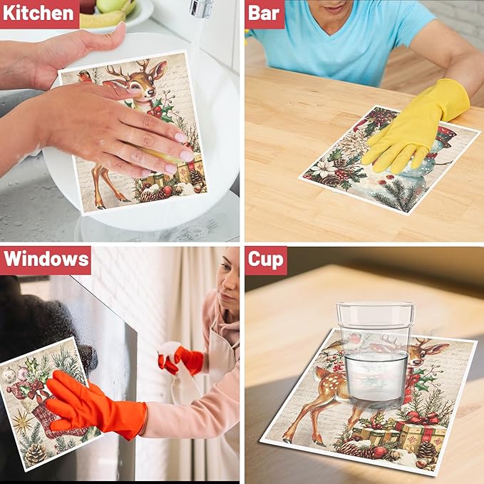 Christmas Swedish Dishcloths for Kitchen, 6 Pack Vintage Santa Claus Snowman Reusable Paper Towels Housewarming Gifts for Women, Xmas Absorbent Dish Rags for Home Cleaning